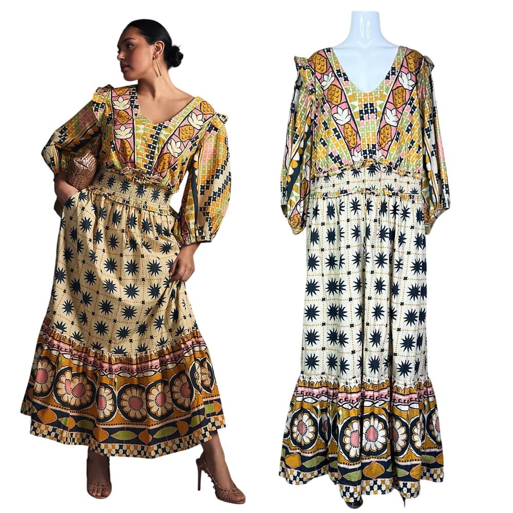 Farm Rio | Anthropologie Tropical Sunshine V Neck Yellow Plus Size Maxi Dress 3X
